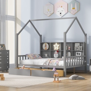 Grey Solid Wood House Kids Bed Frame with 2 Drawers and Storage Shelf ...