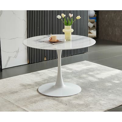 42.1" Tulip Dining Table With Round Marble Pattern Table Top for 4-6 People