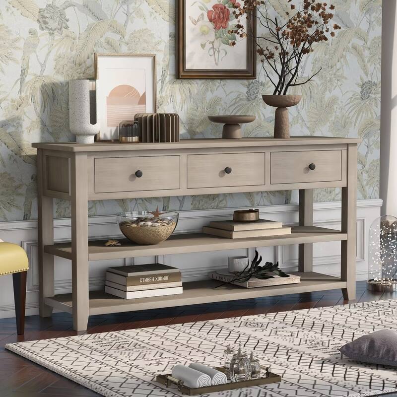 Retro Console Table Sofa Table with 2 Open Shelves and 3 Drawers, Pine Solid Wood Frame and Legs for Living Room, Entryway