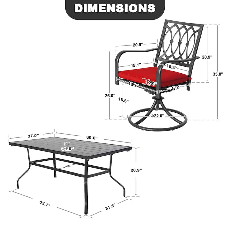 Metal Patio Dining Set with Umbrella Hole, Swivel Chairs with Cushions