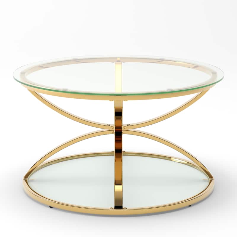 31.50"Modern Glass Coffee Table with 2 Tiers, Ring-Shaped Frames, Chrome Finish and Gray Tempered Glass, Round Coffee Table