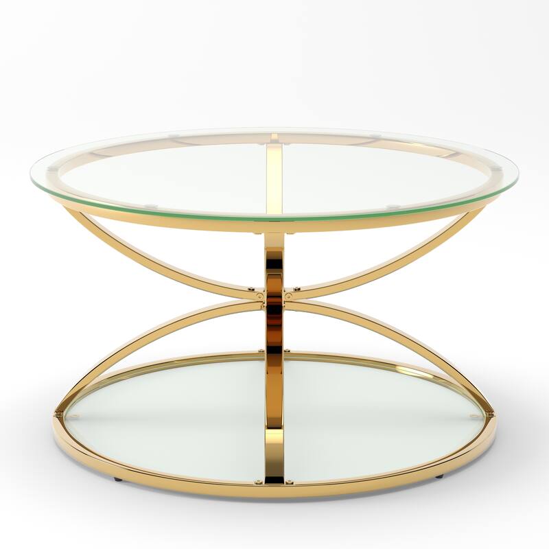 Modern 2 Tiers Glass Coffee Table with Ring-Shaped Metal Frames