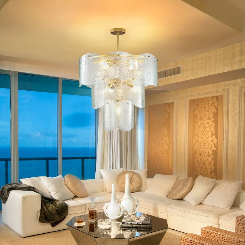 23-Inch Modern Glass Chandeliers, 3 Tiers 8-Light Farmhouse Hammered Stone Glass Chandelier Fixture for Living Room, Bedroom