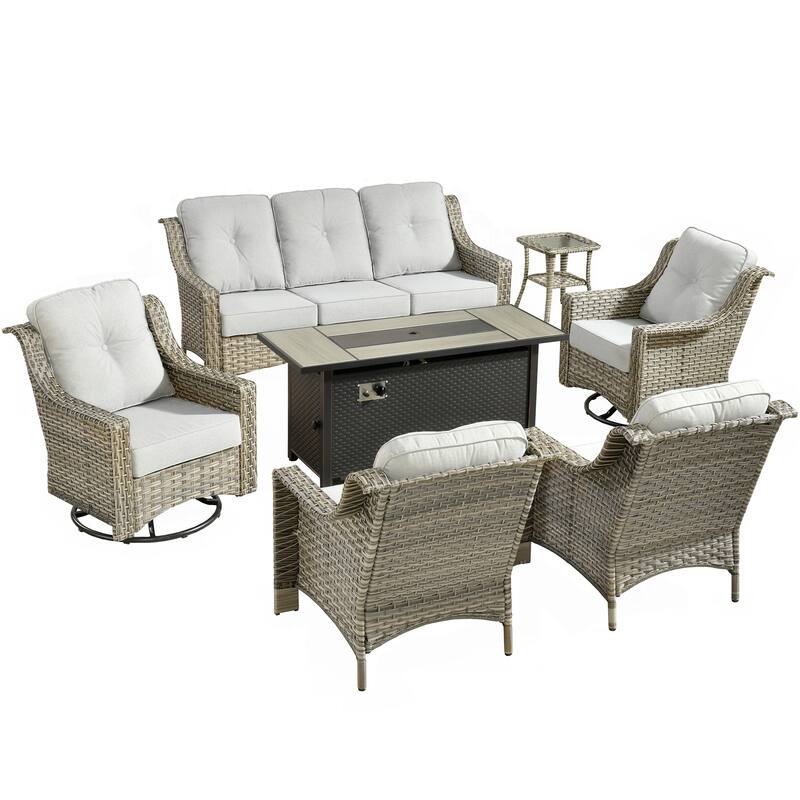 HOOOWOOO 7-piece Wicker Rattan Outdoor High Back Conversation Set with 54" Fire Pit