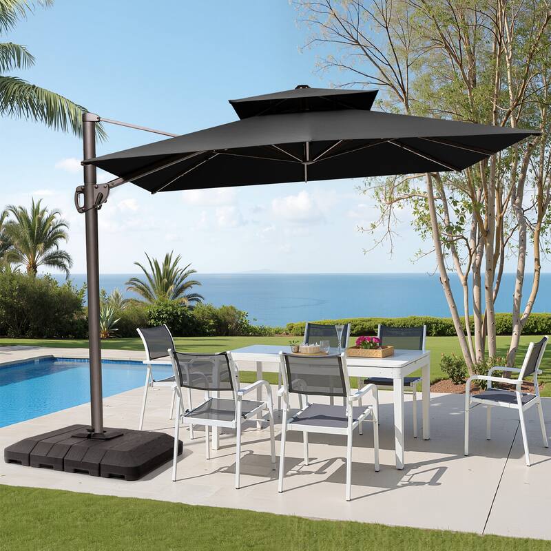 11 x 9 ft Patio Cantilever Offset Umbrella with 360-degree Rotation with Base Stand - Black