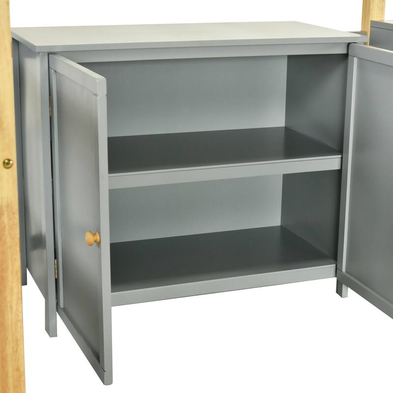 Solid Wood Loft Bed With Built-in Storage Cabinet and Cubes, Foldable desk