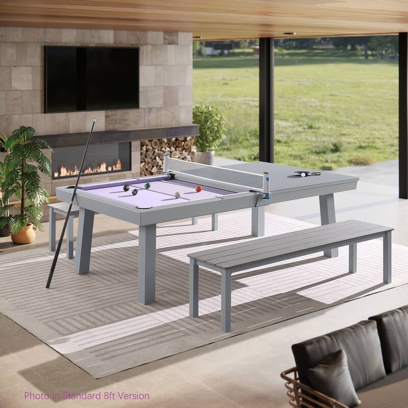 Laguna Indoor/Outdoor 7ft Slate Pool Table Dining Set with 2 Benches & Accessories, Cement Finish - Grey/Purple