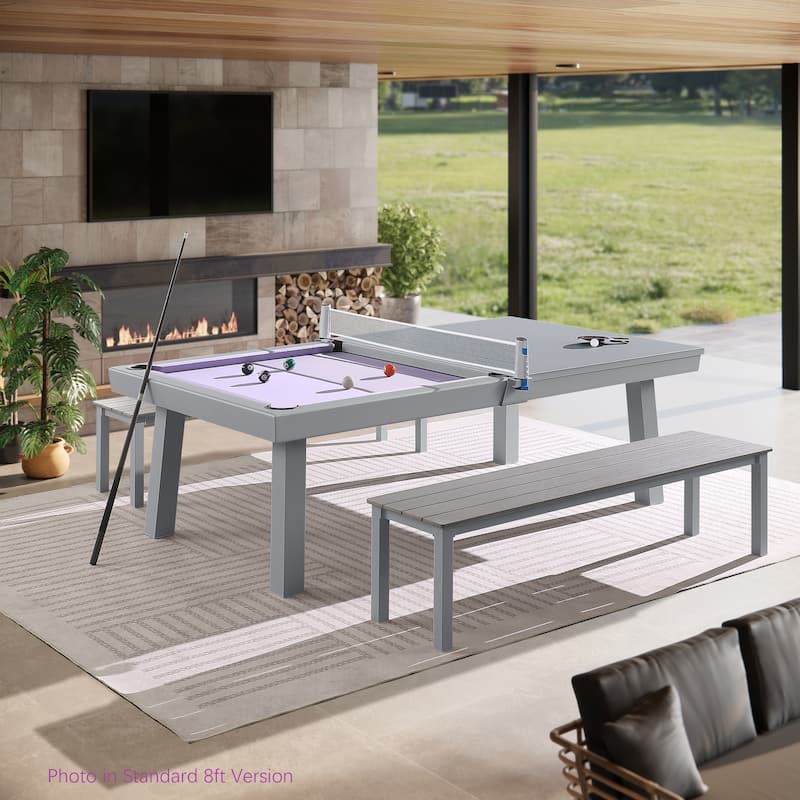 Norwalk Indoor/Outdoor 8ft Slate Pool Table Dining Set with 2 Benches & Accessories, Cement Finish - Light Purple