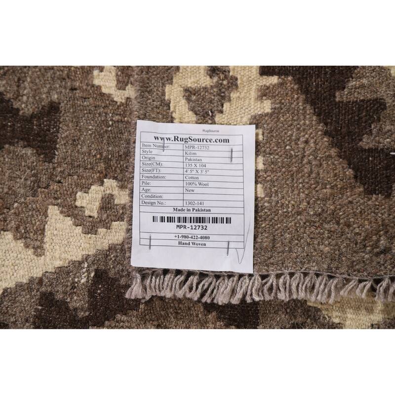 Brown Kilim Accent Rug Flatweave Geometric Wool Carpet - 3'5"x 4'5"