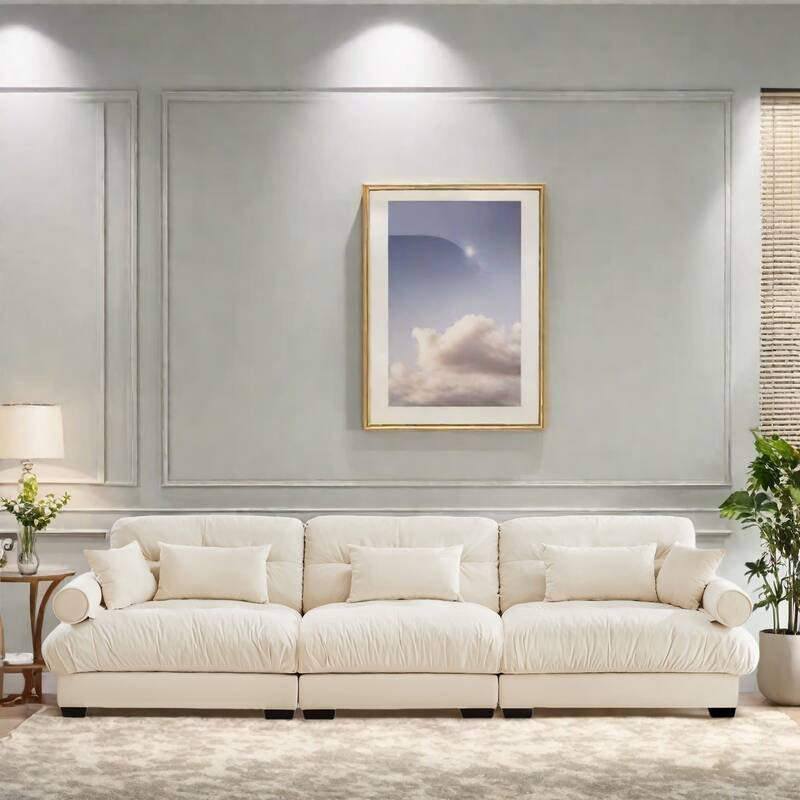 130" Velvet Modular 5-Seat Sofa with Cloud Cushion Sectional and Bolster Headrests - Cream
