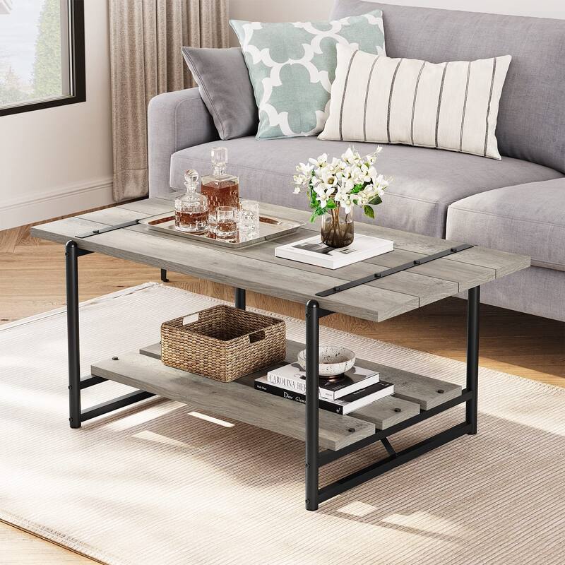 Coffee Table with 2 Storage Shelf - Grey
