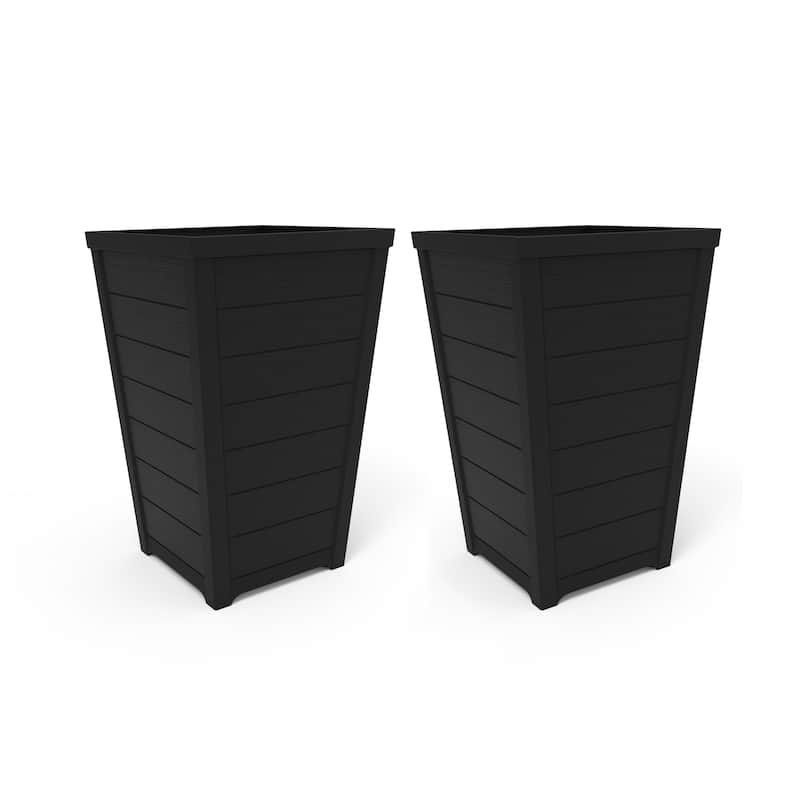 Keter Set of 2 Resin Modern Outdoor 22 Inch Tall Large Flower Pot Planters in a Stylish Tapered Wood Look Pattern