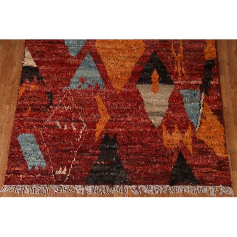 Hand Knotted Oriental 100% Wool Carpet Modern Tribal Red Moroccan Area Rug - 9' 9'' X 6' 10''