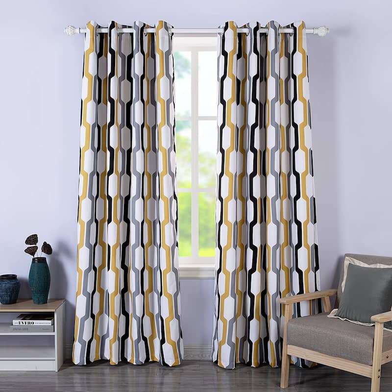 DriftAway Riley Geo Pattern Mid Century Lined Blackout Grommet Window Curtain Panel Pair - 52" Width X 84 " Length - Gold White
