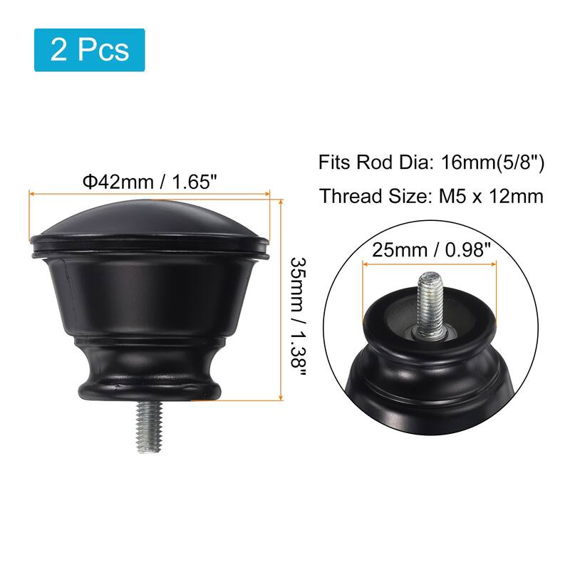 2Pcs Decorative Curtain Rod Finials Drapery Rail Head Fit 5/8" Dia Rod (Black) - Black - Black