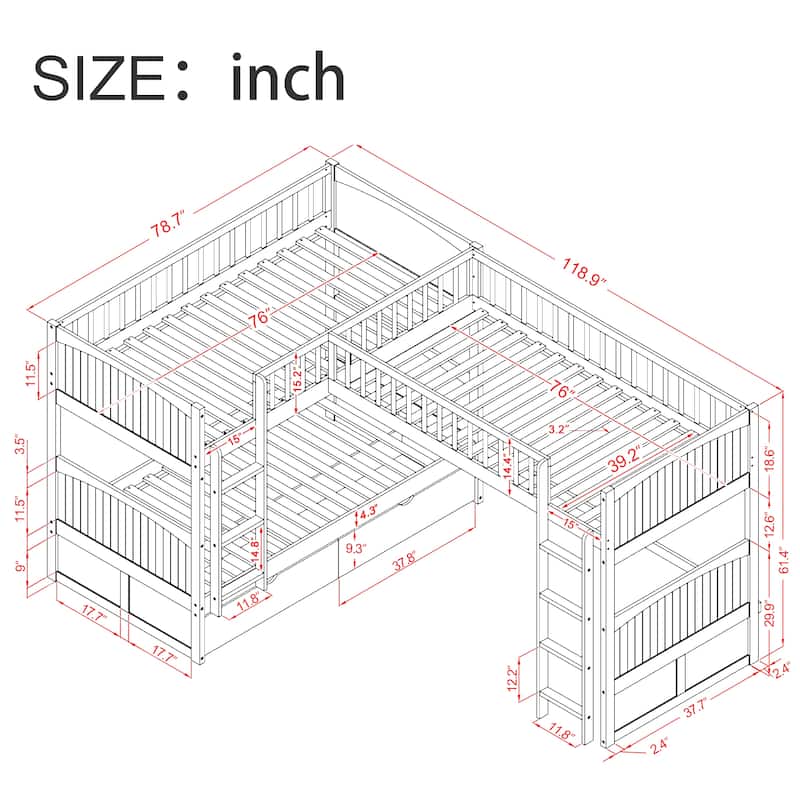 Bunk Bed with a Loft Bed Attached, with 2 Drawers