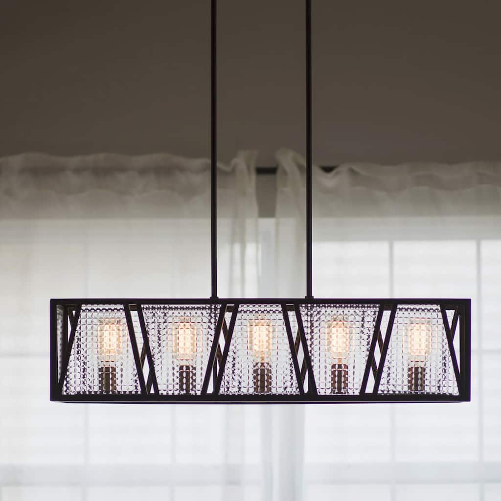 Oslo 5L Black Urban Loft Linear Chandelier Island Pendant Light Fixture - 36.75-in W x 15.25-in H x 9.25-in D