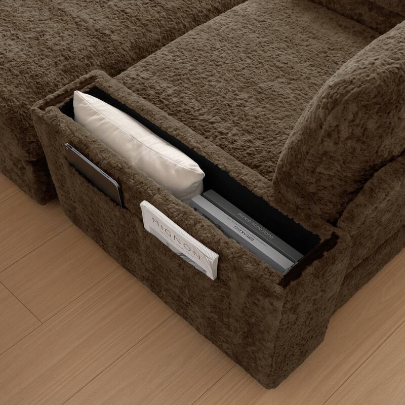 42" Oversized Chaise Lounge, Faux Rabbit Fur Sofa Bed with Storage, Cup Holders, Convertible for Living Room