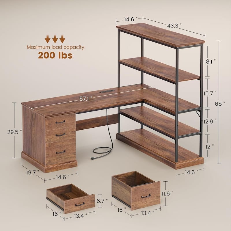 L Shaped Desk Drawers Storage Shelves Executive Home Office Desk