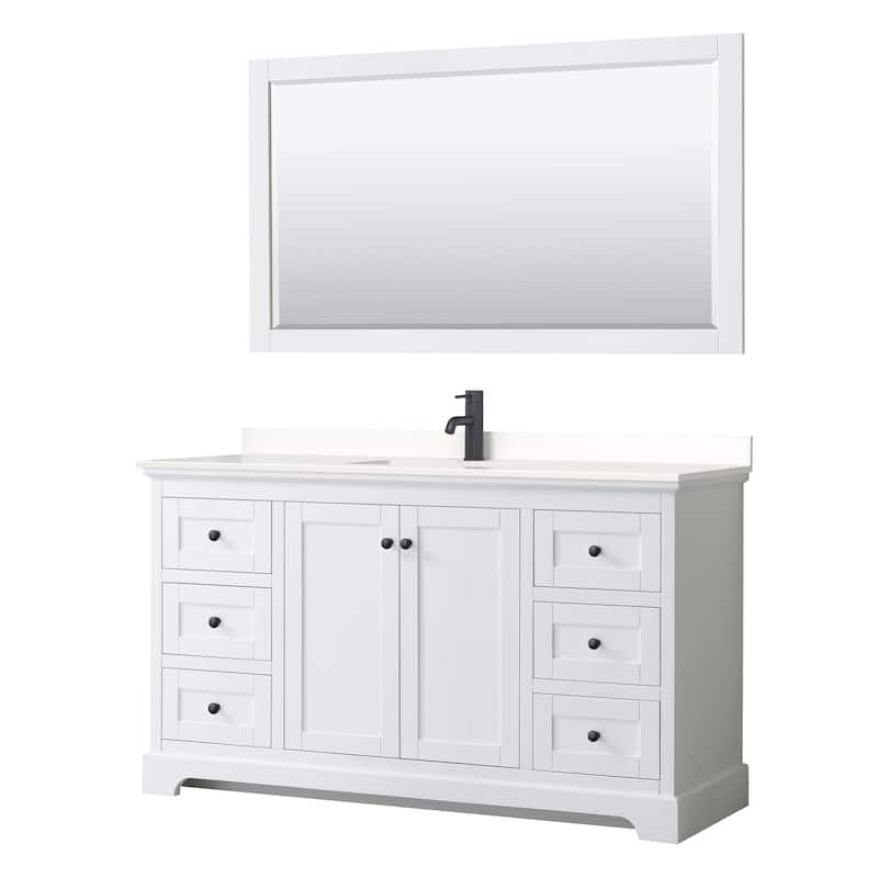 Avery 60-inch Single Vanity, Quartz Top, 58-inch Mirror - White, Black Trim, White Quartz Top
