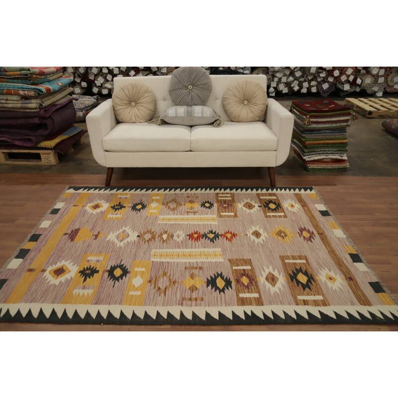 Hand Woven Oriental 100% Wool Carpet Southwestern Tribal Pink Kilim Area Rug - 6' 9'' X 5' 0''
