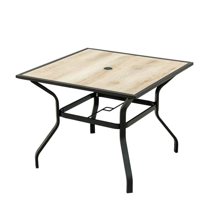 Outdoor Patio Dining table Square Metal table with Umbrella Hole and Wood-Look tabletop(1 table)