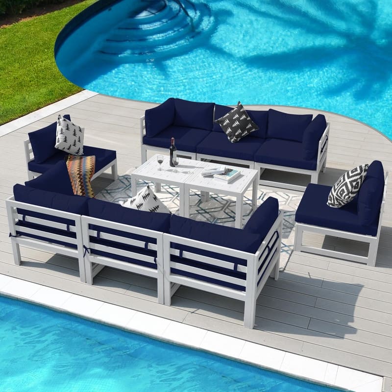 FINCATI White Aluminum Modern Patio Furniture Sectional Sofa Set with Cushion - 10 Pieces-A - Navy Blue
