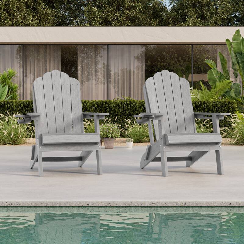 HDPE All-Weather Folding Adirondack Chair with Cup Holder - 2-Piece - LightGray