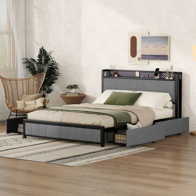 Queen Bed Frame with LED Headboard, Upholstered Bed with 4 Storage