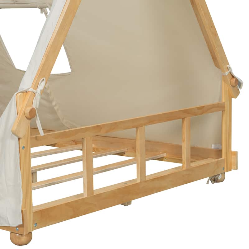 Kids House Bed with Detachable Tent Skylight and Light Features