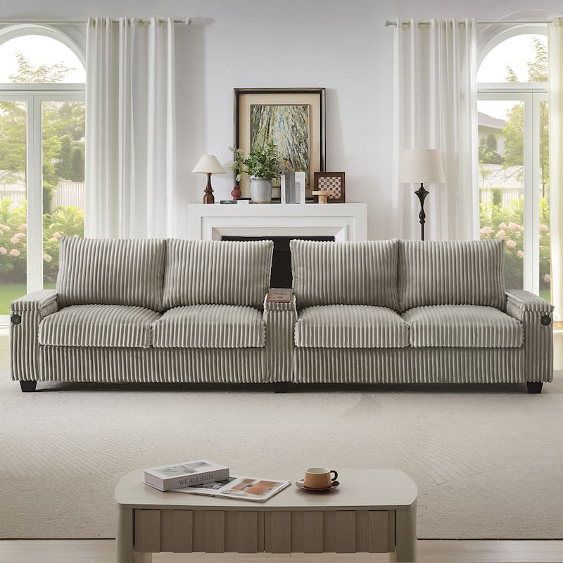 Roomfitters 4-Seater Corduroy Modern Sofa Couch with USB Ports Hidden Storage Arms & Flip-Top Cup Holders for Living Room