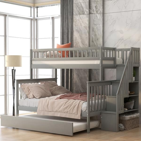 slide 2 of 9, Grey Twin over Full Bunk Bed with Trundle. with Multiple Storage Spaces and Stairs with Handrails Gray