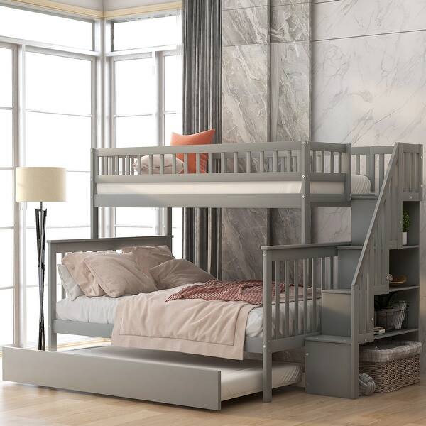 slide 2 of 26, Lodge Design Twin over Full Wood Bunk Bed with Trundle,Staircase with Storage Shelves,High Safety Guardrail Gray