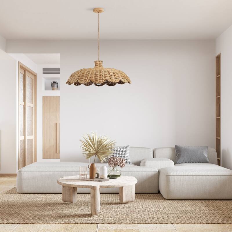 Aurelia Rattan Pendant Light - Natural Hardwired Light Fixture for Kitchen Island or Dining Room in Boho or Coastal Style