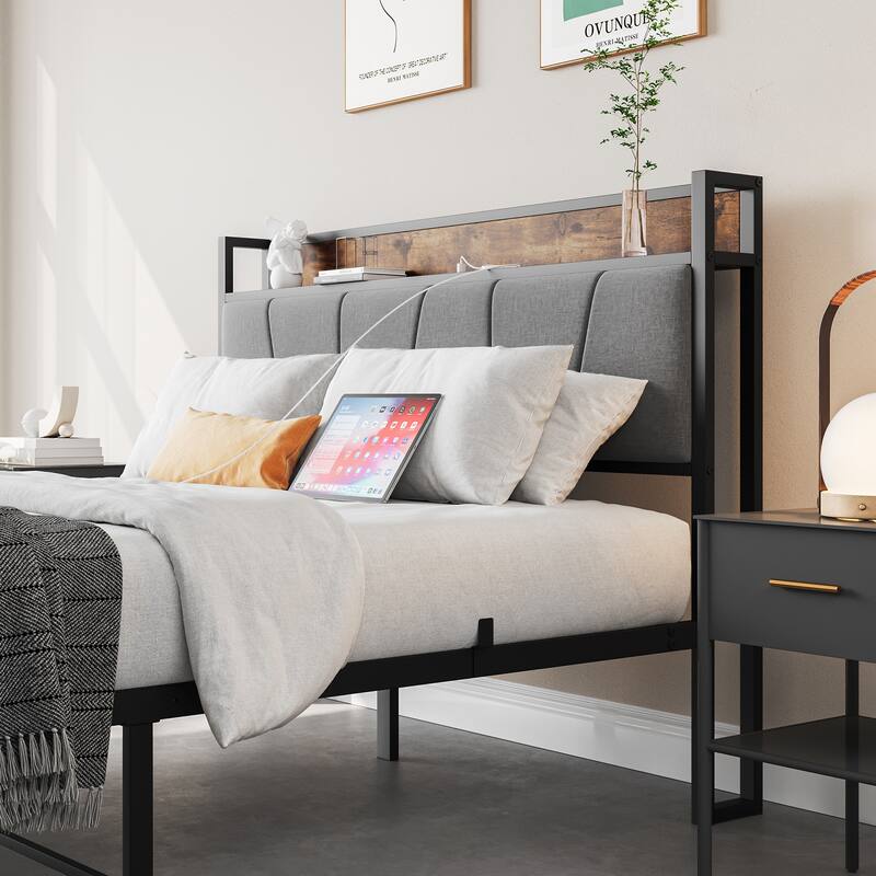 Metal & Wood & Upholstered Platform Bed Frame