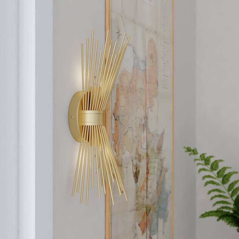 Nikko 2 Light Gold Mid-Century Modern Flush Wall Sconce - 6.5-in W x 15.5-in H x 4.75-in D - 6.5-in W x 15.5-in H x 4.75-in D - Gold - 6.5-in W x 15.5-in H x 4.75-in D