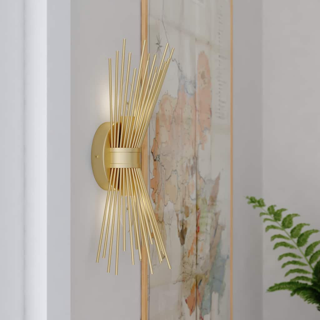 Nikko 2 Light Gold Mid-Century Modern Flush Wall Sconce - 6.5-in W x 15.5-in H x 4.75-in D - 6.5-in W x 15.5-in H x 4.75-in D