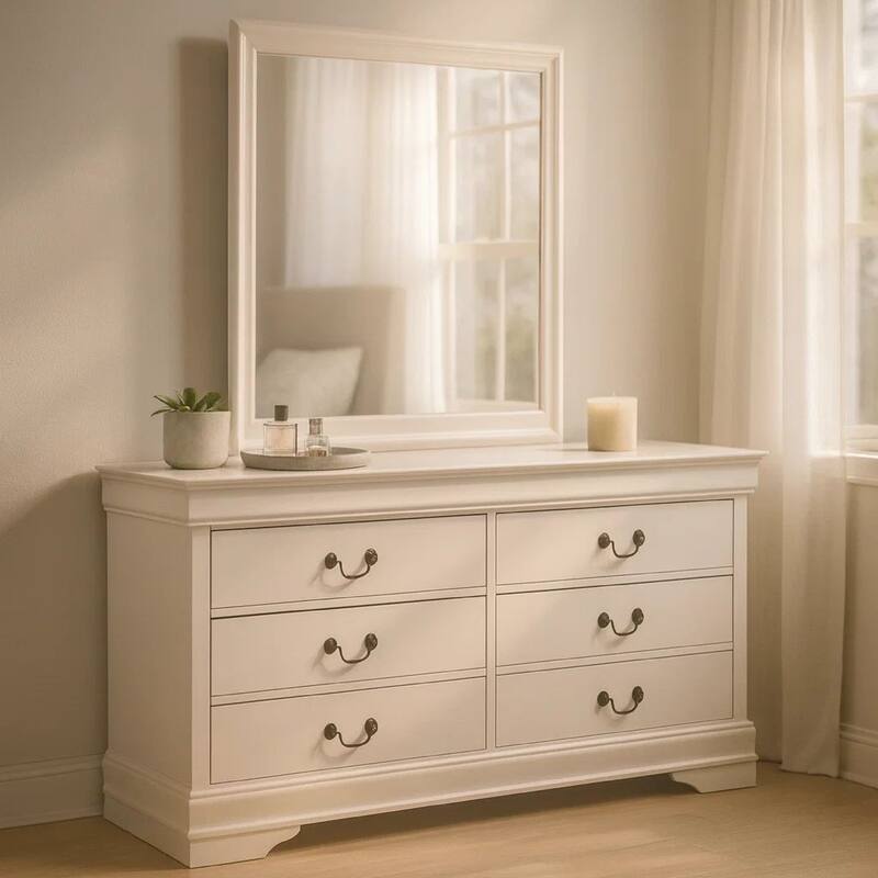 Nim Wide Dresser and Mirror with Molded Trim, 6 Drawers, White Wood