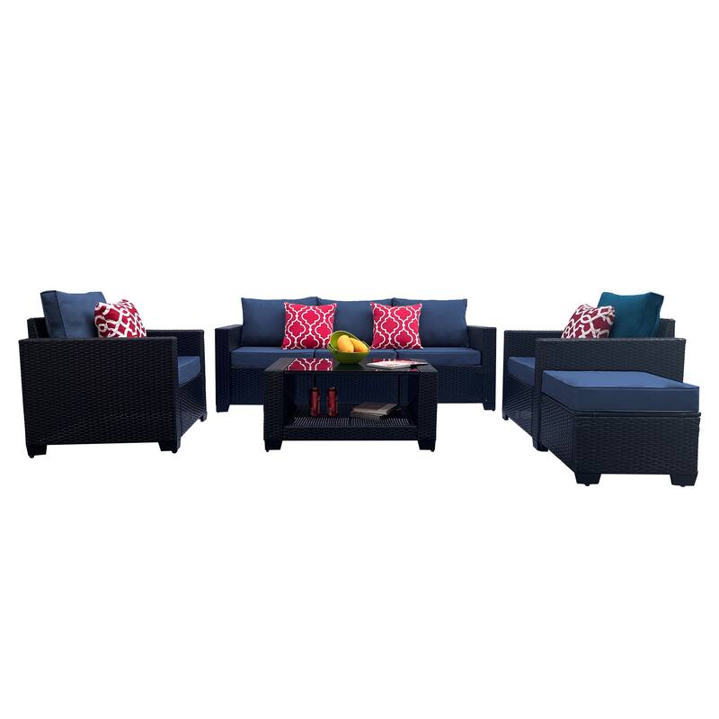 Outdoor Garden Patio Furniture 7-Piece PE Rattan Wicker Cushioned Sofa Sets with 2 Pillows and Coffee Table