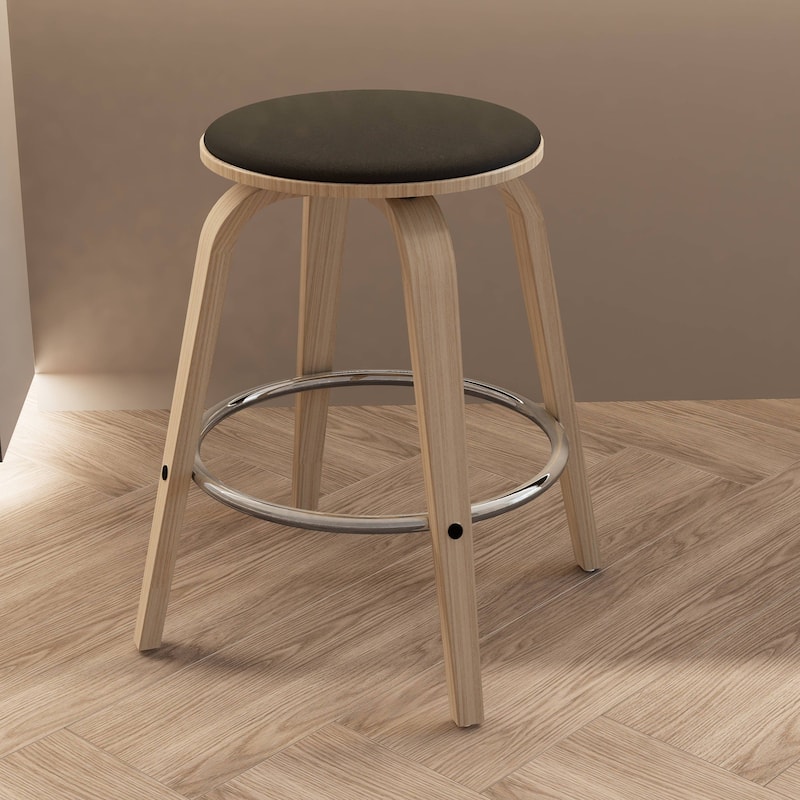 Leather Counter Stool Swivel Round Seat Poplar Wood Frame Iron Foot Rest