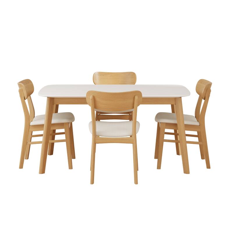 Roomfitters 5-Piece Mid-Century Dining Set, 59" White Oak Table with 4 Upholstered Solid Wood Chairs