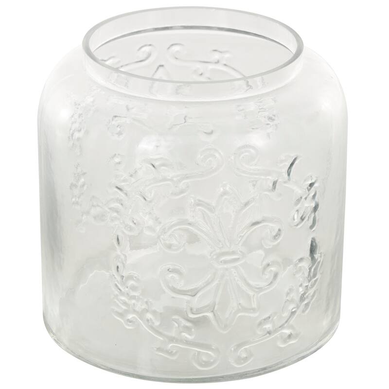 Clear Glass Scroll Living Room Decorative Jars with Brown Wooden Lids and Gold Fleur-De- Lis Knobs (Set of 2)