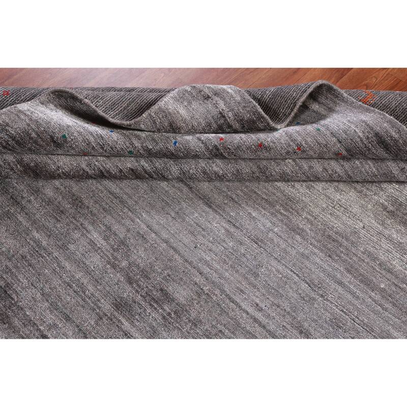 Hand Knotted Oriental Viscose Silk Carpet Tribal Stripe Greys & Charcoal Gabbeh Area Rug - 9' 9'' X 8' 0''