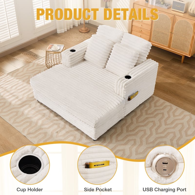 64" Oversized Chaise Lounge Chair Sofa Bed, Corduroy Upholstered Sleeper Chair with Wood Frame, Storage Pockets, Cup Holders