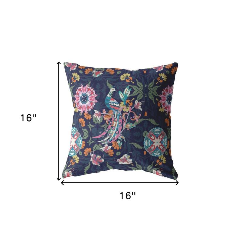 HomeRoots 16" Navy Pink Peacock Indoor Outdoor Throw Pillow