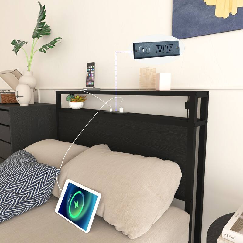 Metal Platform Bed Frame with Charging Station and Storage Headboard,Twin Size