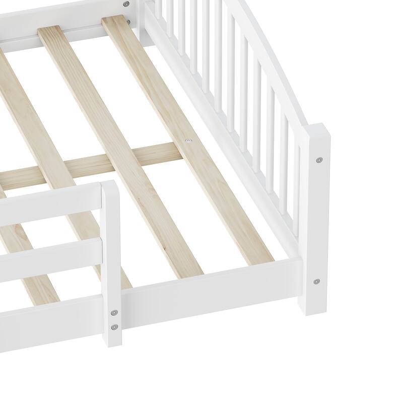Montessori Floor Bed with Fence - Full/Twin Solid Wood, Slats & Safety Guardrails, Easy Assemble