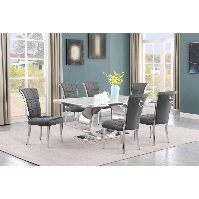 Best Quality Furniture D430/1-SC320-7 Dining Set with 68" White Marble Top - 7-Piece - Dark Grey / Silver
