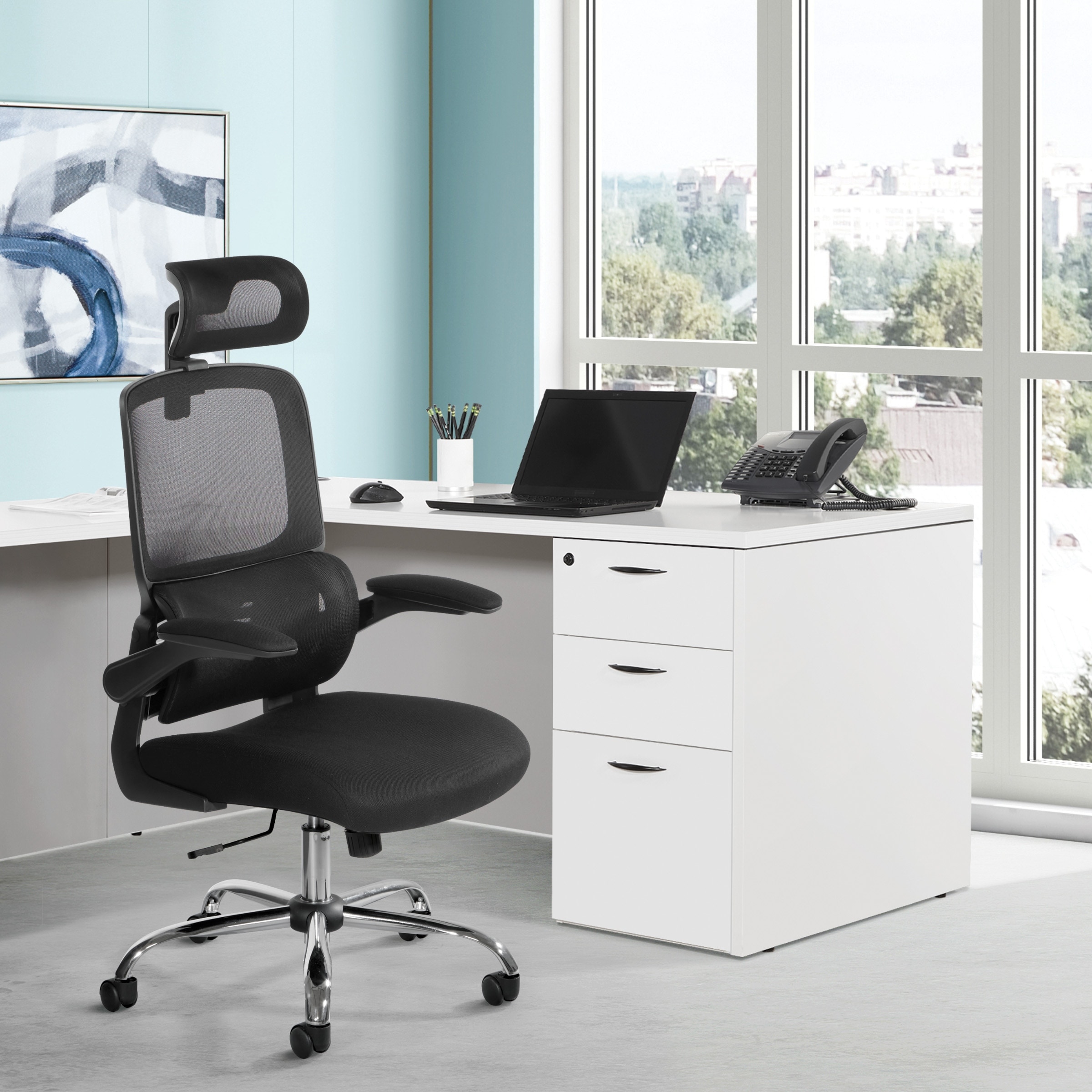 OSP Mesh Back Managers Chair with Headrest and Lumbar Support and Flip Arms
