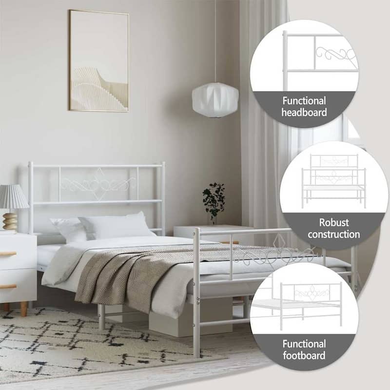 vidaXL 12 Inches White Twin Metal Bed Frame No Mattress - 77.2" x 41.3" x 35.4"